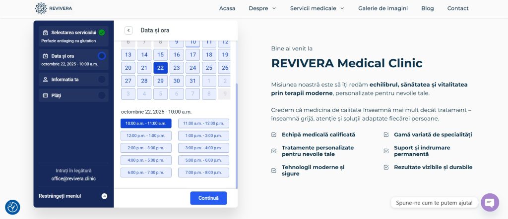 Selectia datei si a orei in modulul de programari in cazul realizarii siteului Clinicii Medicala Revivera